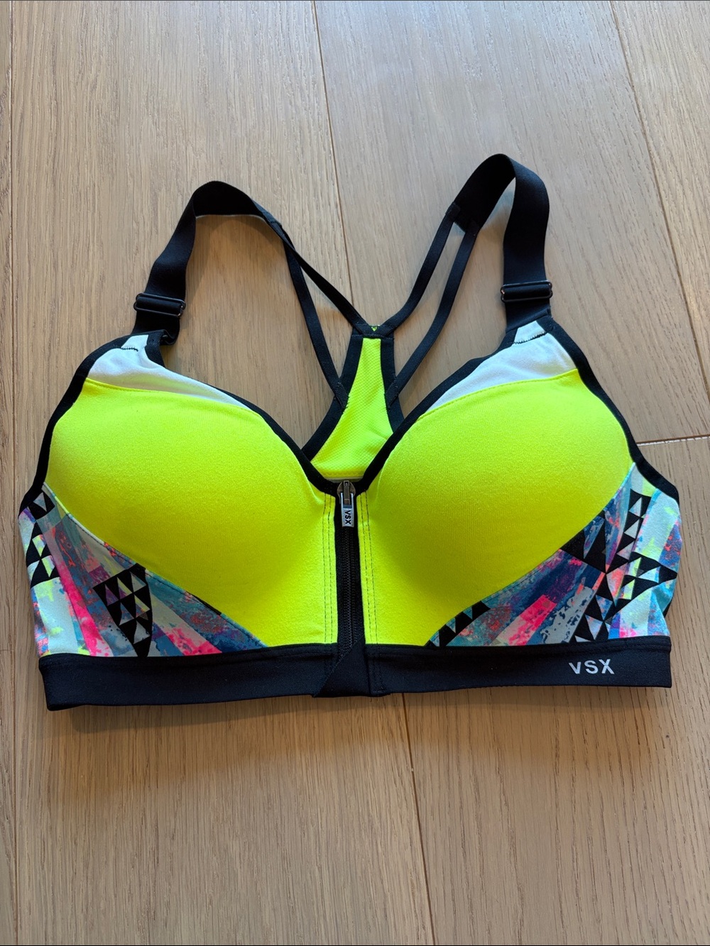 VSX Neon Yellow Front-Zip Sports Bra with Black Trim and Multicolor Panels